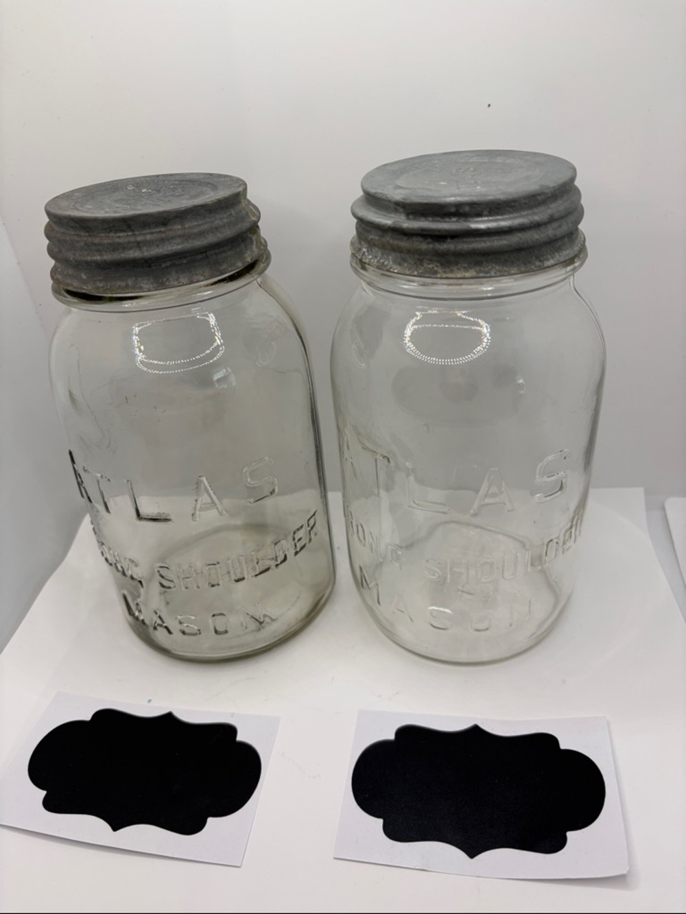 Set of 2 Atlas Clear Glass Mason Jars zinc Boyd’s Metal Lids caps labels 1930’s